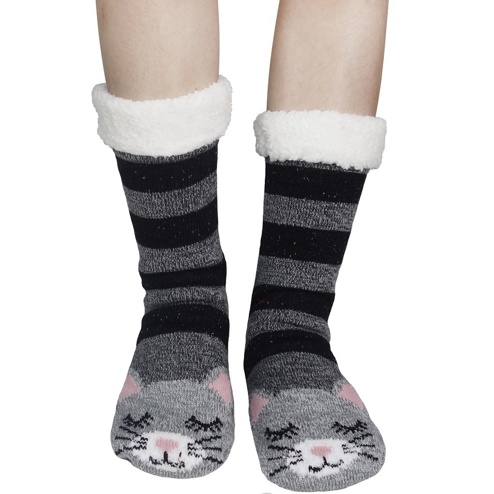 Fuzzy Babba Charming Black and Gray Cat Design Hosiery
